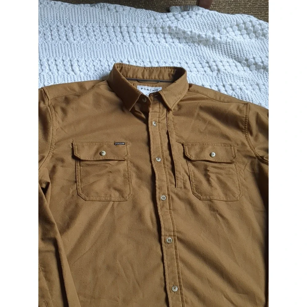Poncho Flannel Slim Fit Magnetic Button Down Long Sleeve Shirt Brown Sz XL